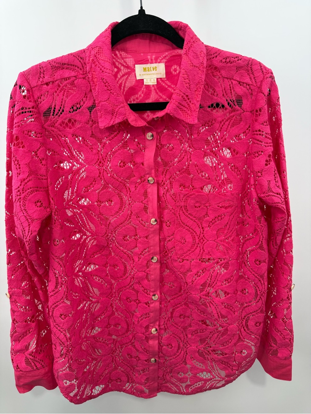 Maeve Anthropologie Pink Crochet Open Knit Button Front Collared Blouse Size 12